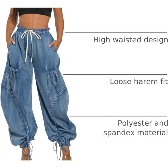 Women's Baggy Cargo Joggers Plus Size High Waisted Wide Leg Denim Pant - Picture 4 of 8